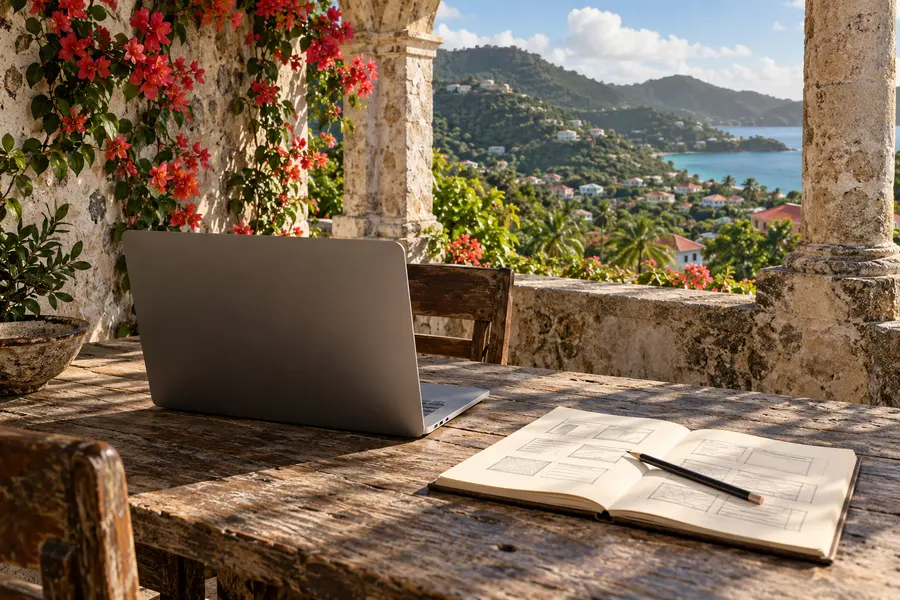 A laptop and a sketchbook of page layouts on a stone veranda in St. Thomas